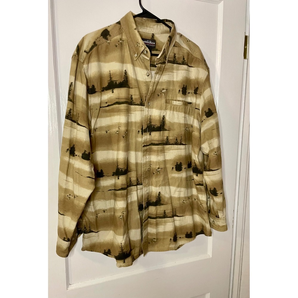 Woolrich Mens L Button Down Shirt Khaki Tree Scene Goose Print Long Sleeve